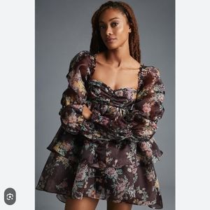 Selkie Floral Mini Dress - Dark Brown and Multicolor